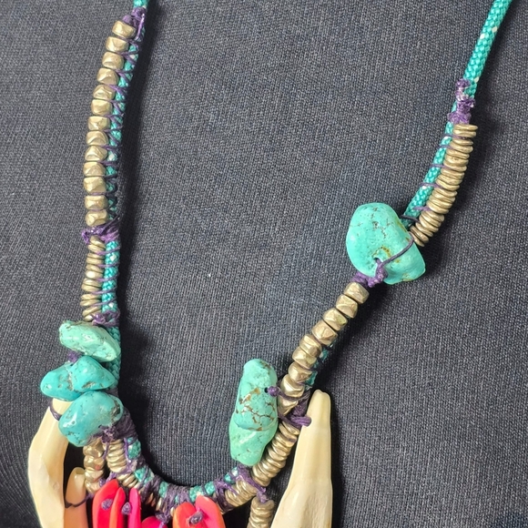 Handmade Tribal Turquoise Wood Silver Bead Bone Artisinal Necklace OOAK - Picture 13 of 14